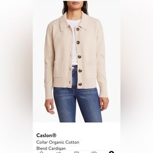 Caslon Button Collar Cardigan - Size Medium- Tan  Heather beige